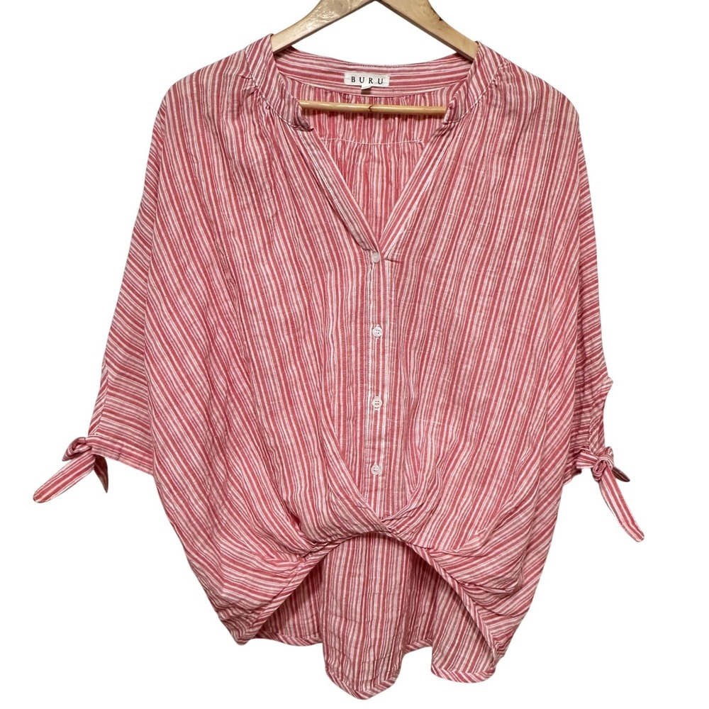 BURU Striped Dolman Button Down Blouse Womens Medium Cotton Red Resort Beach